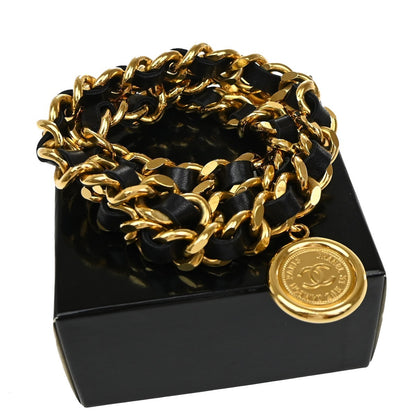 Chanel Vintage Medallion Chain Belt Metal and Leather, BLACK, LEATHER, Belts