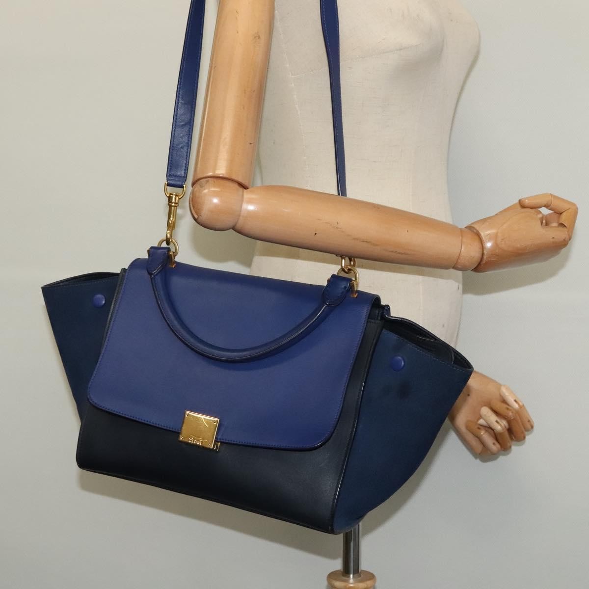 Celine Trapeze Bag Leather with Suede, NAVY, LEATHER, Handbag