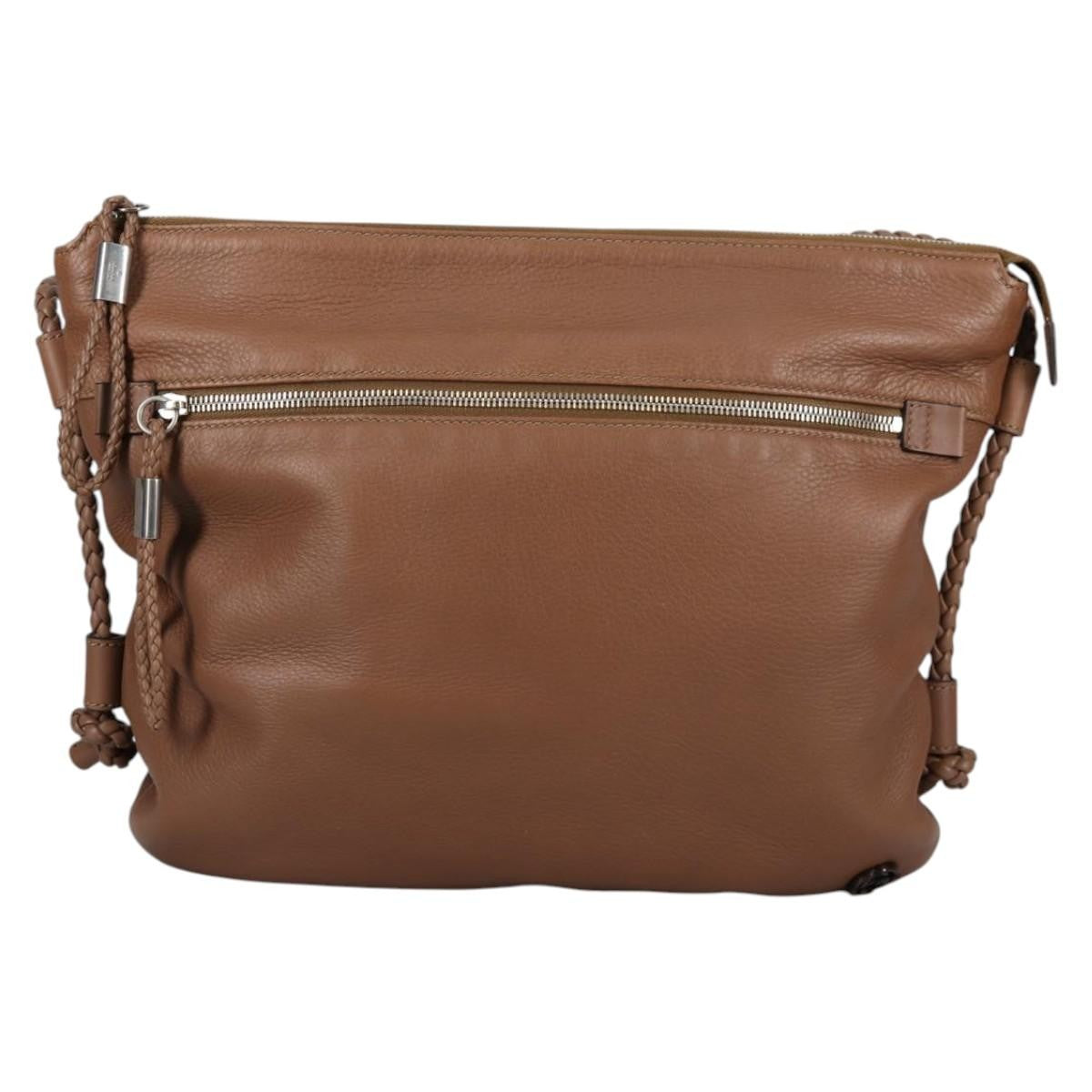 Gucci Braided Strap Zip Messenger Leather, BROWN, LEATHER, Shoulder bag
