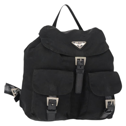 Prada Vela Double Front Pocket Backpack Tessuto with Saffiano Leather, BLACK, NYLON, Backpack