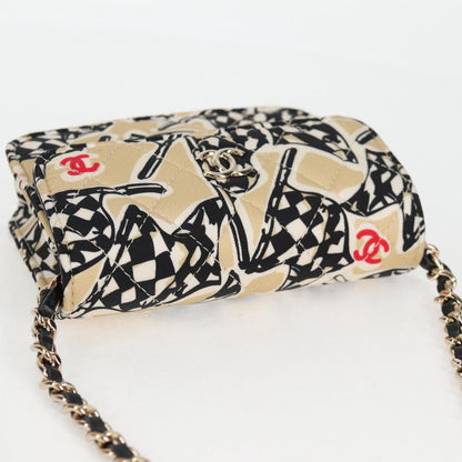 Chanel Flap Card Holder on Chain Quilted Printed Canvas, BEIGE, CANVAS, Clutche & pouche