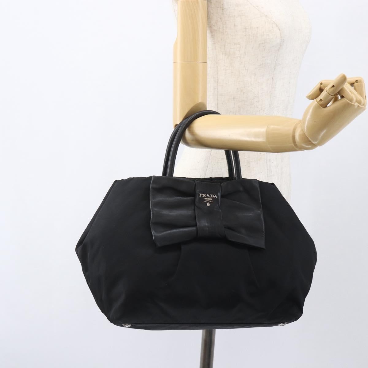 Prada Bow Tote Tessuto with Leather, BLACK, NYLON, Handbag