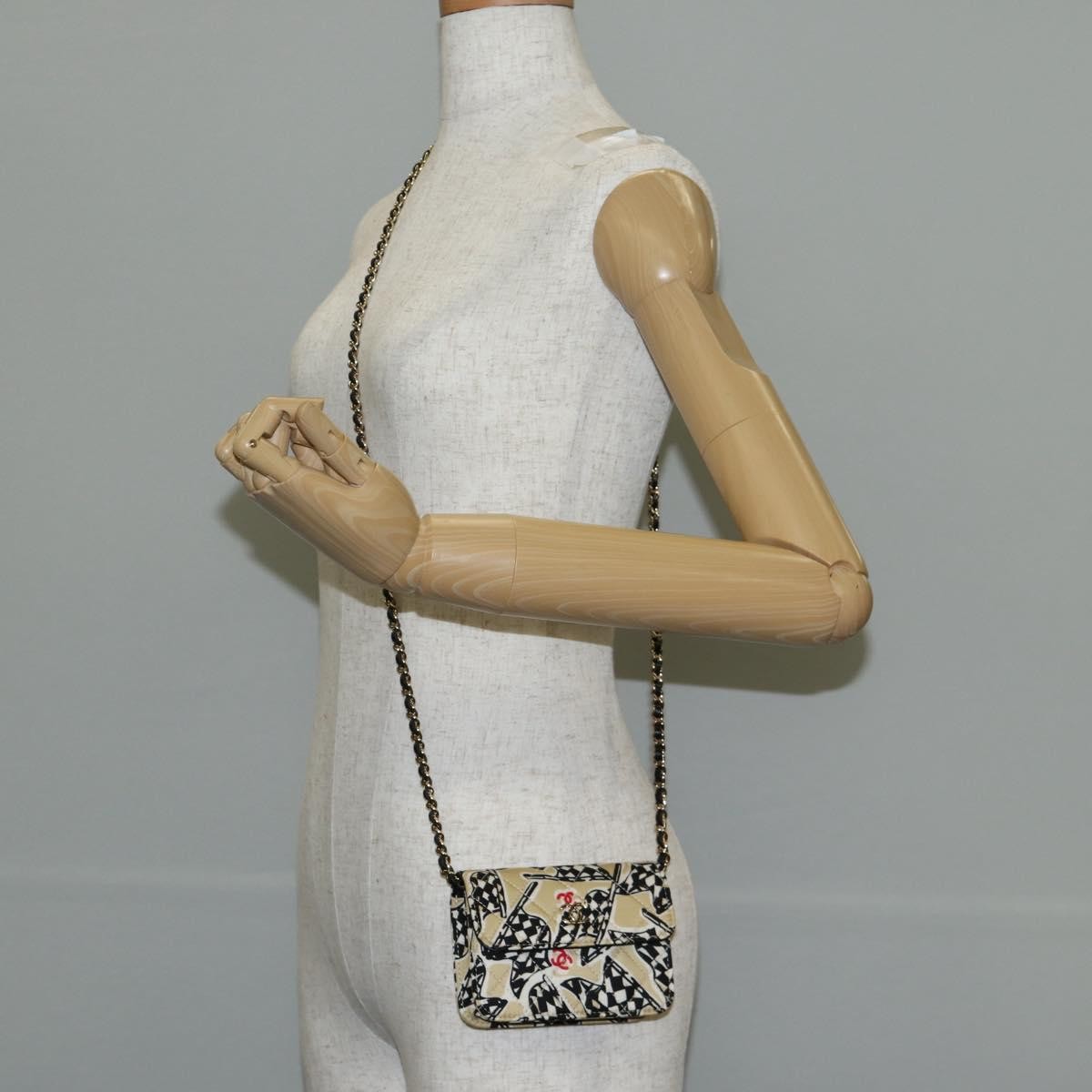 Chanel Flap Card Holder on Chain Quilted Printed Canvas, BEIGE, CANVAS, Card Holders