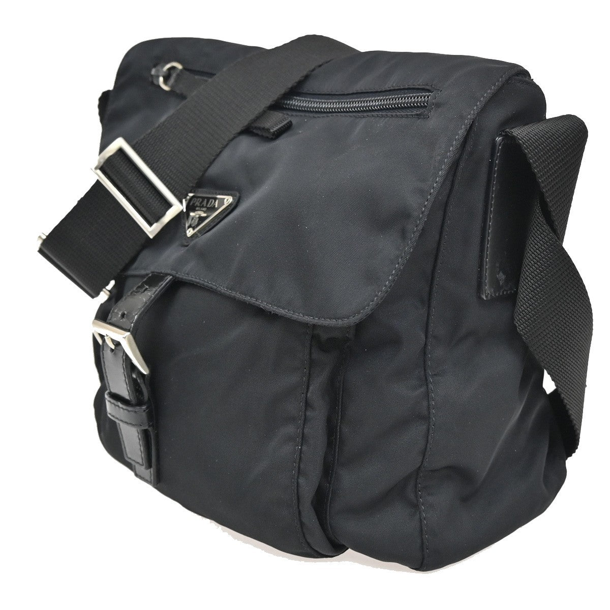 Prada Buckle Messenger Bag Tessuto, BLACK, NYLON, Shoulder bag