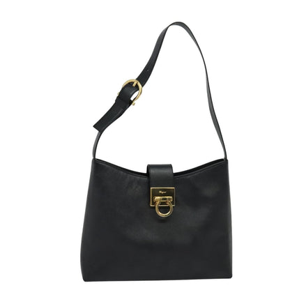 Salvatore Ferragamo Gancio Flap Hobo Leather, BLACK, LEATHER, Shoulder bag