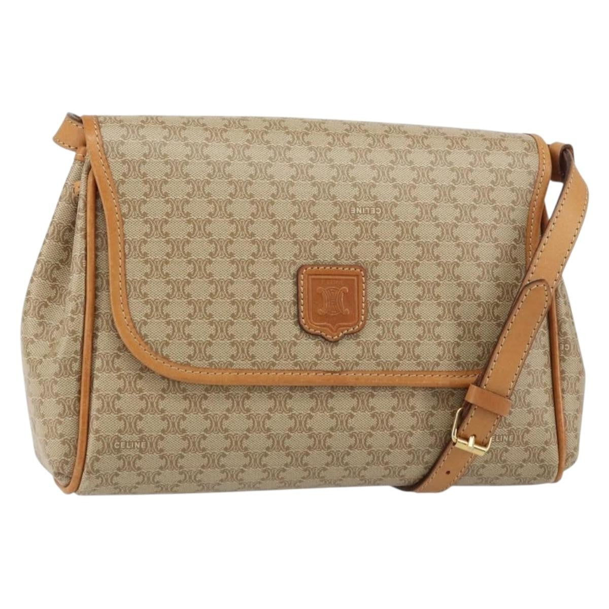 Celine Vintage Macadam Shoulder Bag Canvas and Leather, BEIGE, CANVAS, Shoulder bag