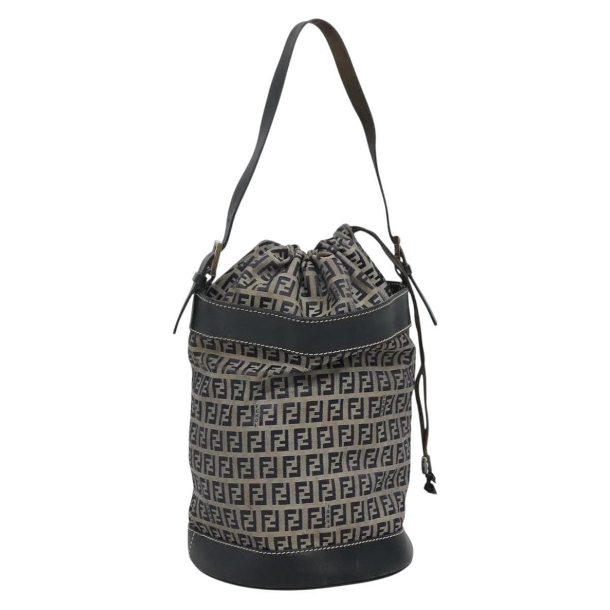 Fendi FF Logo Mon Tresor Bucket Bag Printed Shearling with Leather, NAVY, CANVAS, Shoulder bag