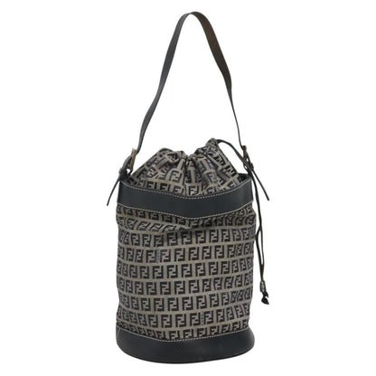 Fendi FF Logo Mon Tresor Bucket Bag Printed Shearling with Leather, NAVY, CANVAS, Shoulder bag
