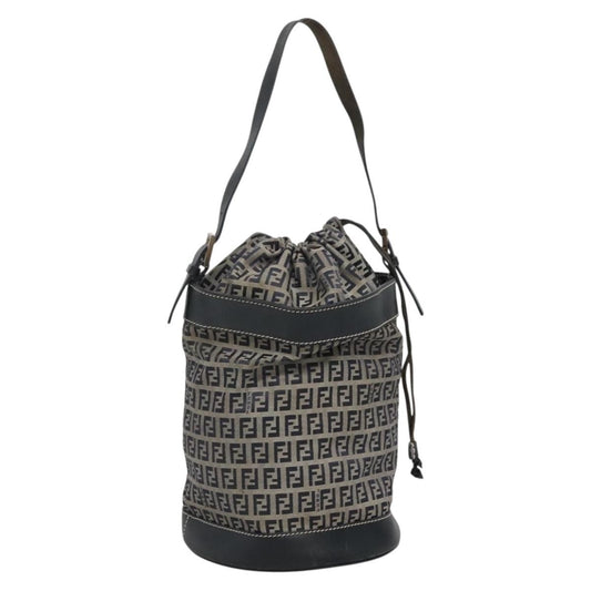 Fendi FF Logo Mon Tresor Bucket Bag Printed Shearling with Leather, NAVY, CANVAS, Shoulder bag