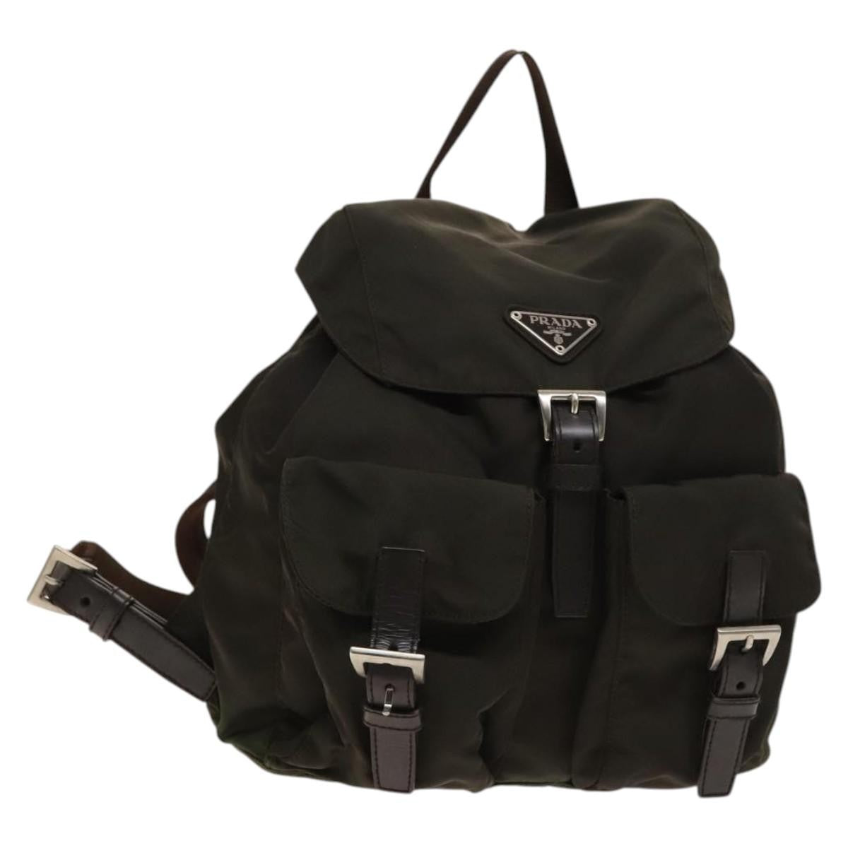 Prada Double Pocket Drawstring Backpack Nylon with Studded Detail, KHAKI, NYLON, Backpack