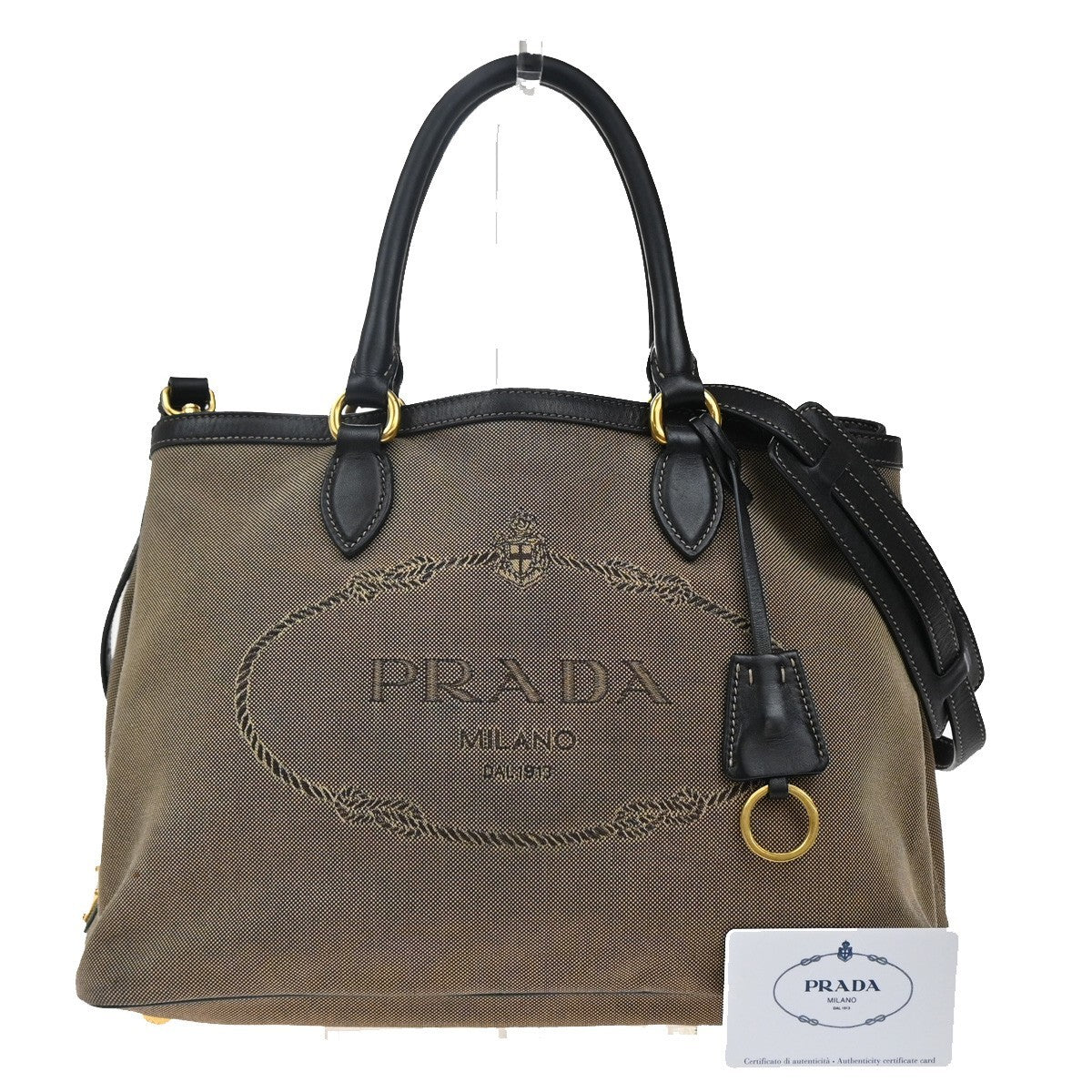 Prada Logo Convertible Tote Canvas with Leather, BROWN, CANVAS, Tote bag