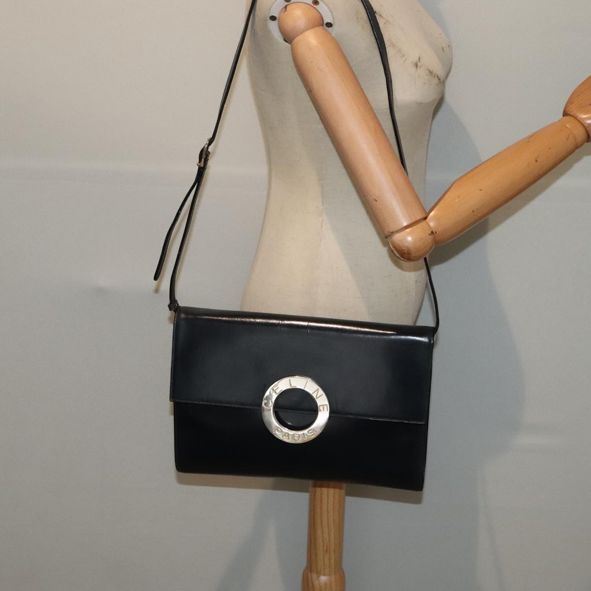 Celine Vintage Circle Logo Crossbody Bag Leather, NAVY, LEATHER, Crossbody bag