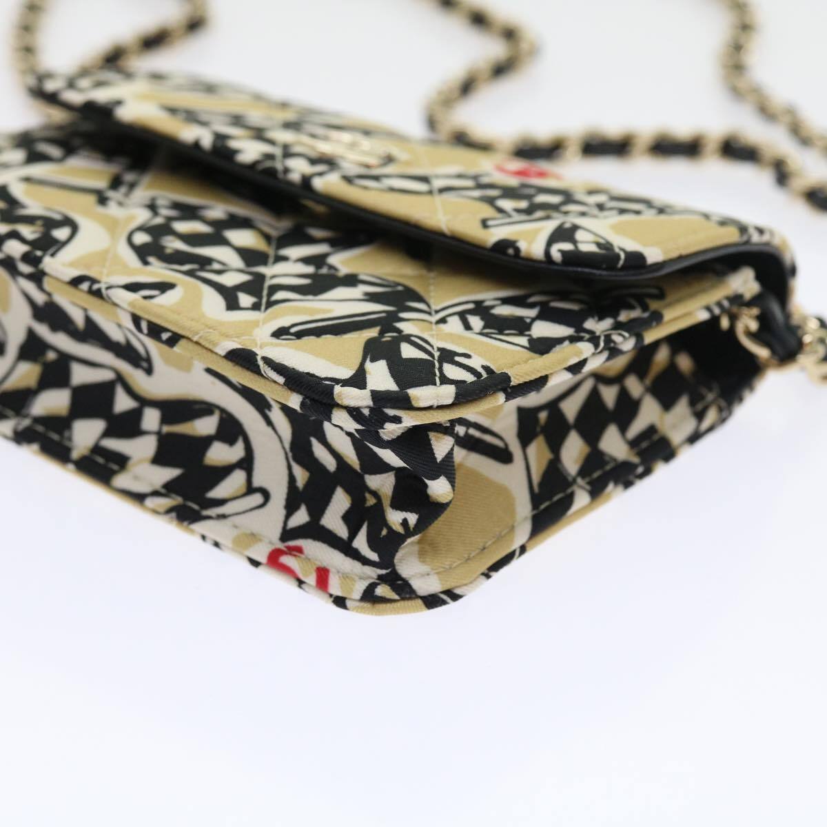 Chanel Flap Card Holder on Chain Quilted Printed Canvas, BEIGE, CANVAS, Shoulder bag