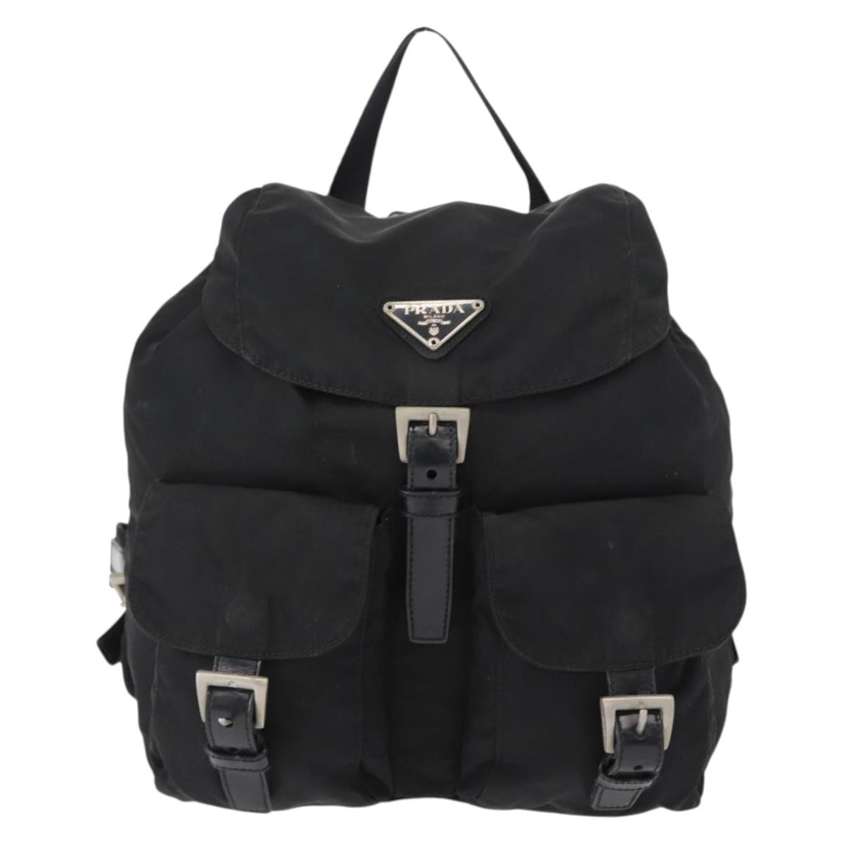 Prada Vela Double Front Pocket Backpack Tessuto with Saffiano Leather, BLACK, NYLON, Backpack