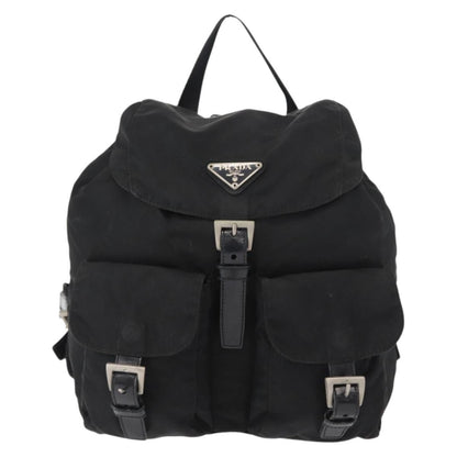 Prada Vela Double Front Pocket Backpack Tessuto with Saffiano Leather, BLACK, NYLON, Backpack