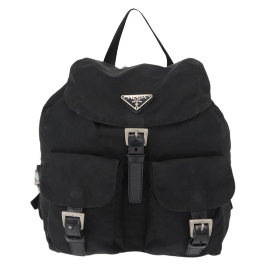 Prada Vela Double Front Pocket Backpack Tessuto with Saffiano Leather, BLACK, NYLON, Backpack