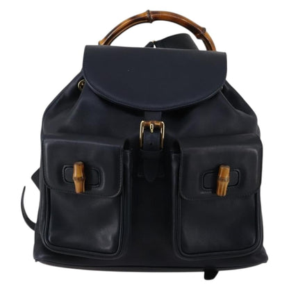 Gucci Vintage Bamboo Backpack Leather, NAVY, LEATHER, Backpack