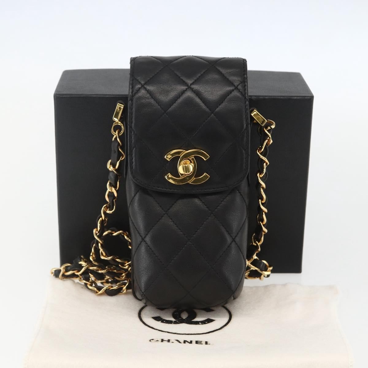 Chanel CC Flap Phone Holder Crossbody Bag Quilted Lambskin, BLACK, LEATHER, Shoulder bag