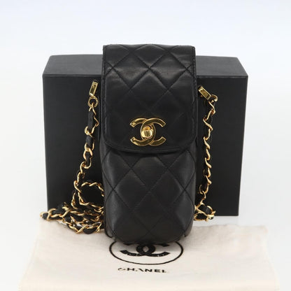 Chanel CC Flap Phone Holder Crossbody Bag Quilted Lambskin, BLACK, LEATHER, Shoulder bag