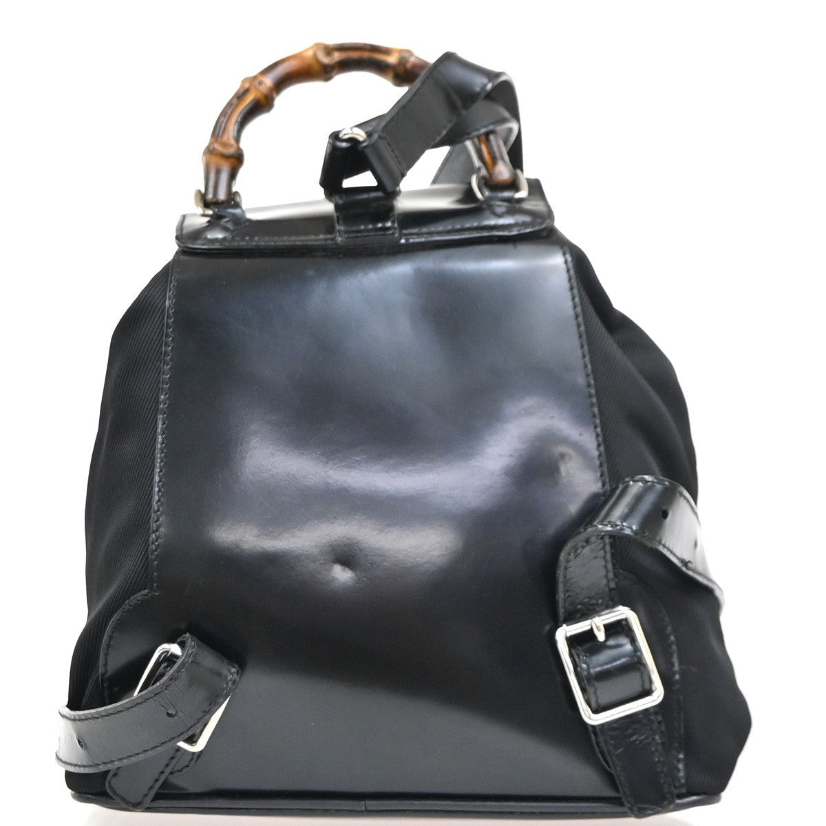 Gucci Vintage Bamboo Backpack Nylon and Patent Leather, BLACK, NYLON, Backpack