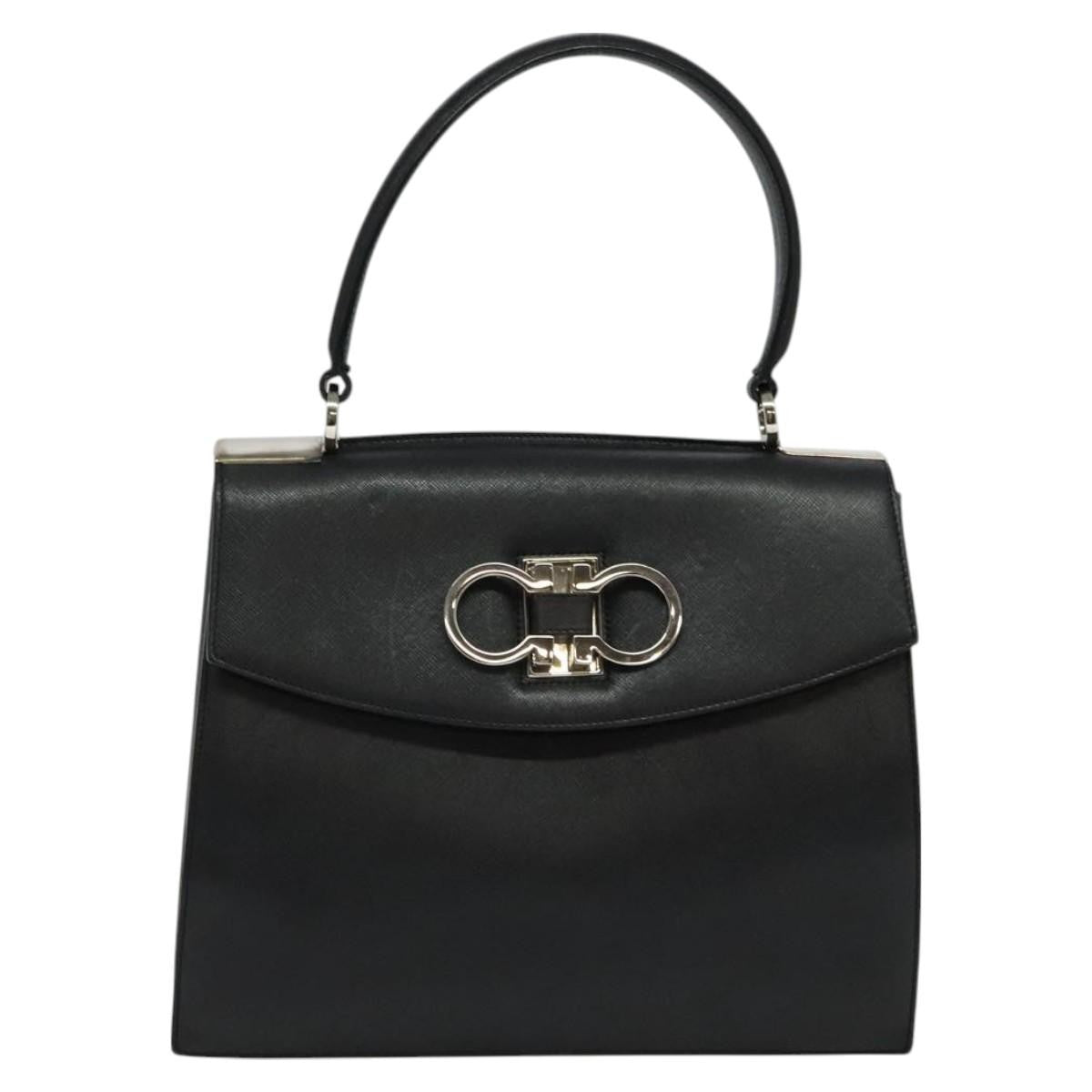 Salvatore Ferragamo Double Gancini Top Handle Bag Saffiano Leather, BLACK, LEATHER, Handbag
