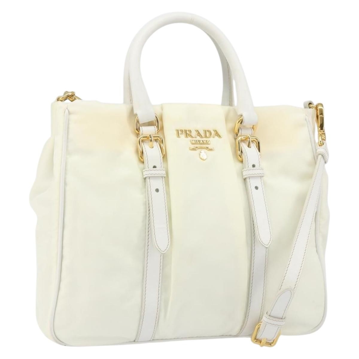 Prada Vintage Tote Tessuto with Leather, WHITE, NYLON, Tote bag