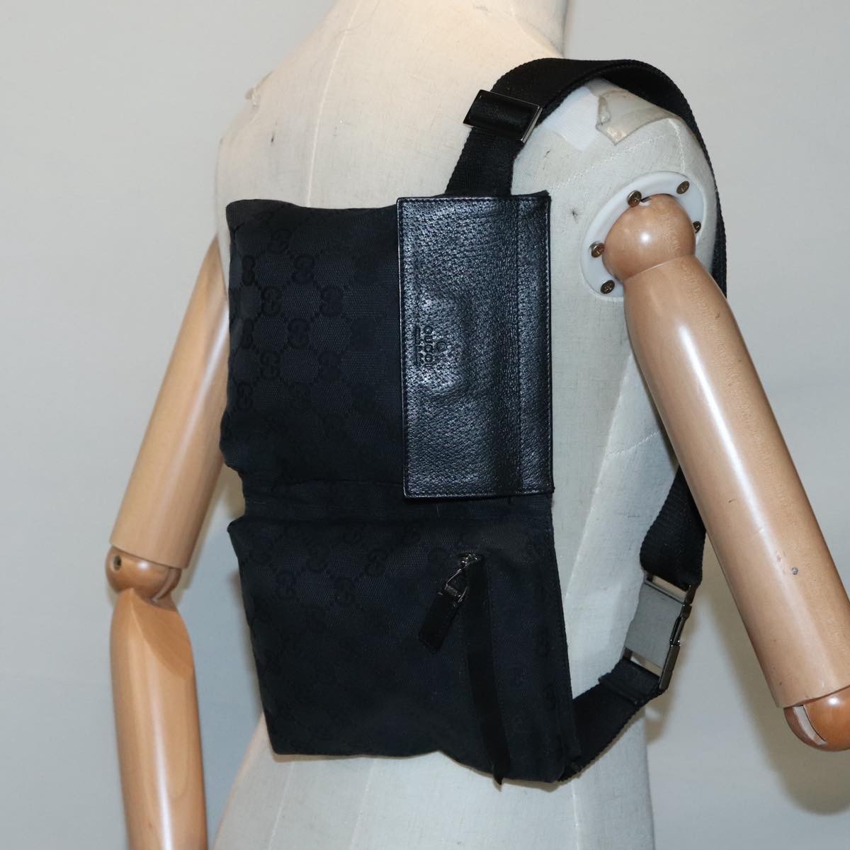 Gucci Vintage Double Belt Bag GG Canvas with Leather, BLACK, CANVAS, Clutche & pouche