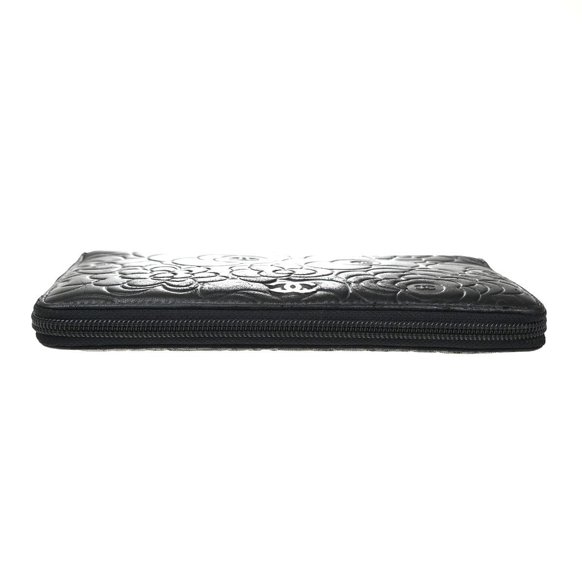 Chanel Camellia Zip Around Organizer Leather, Black, Leather, Wallet