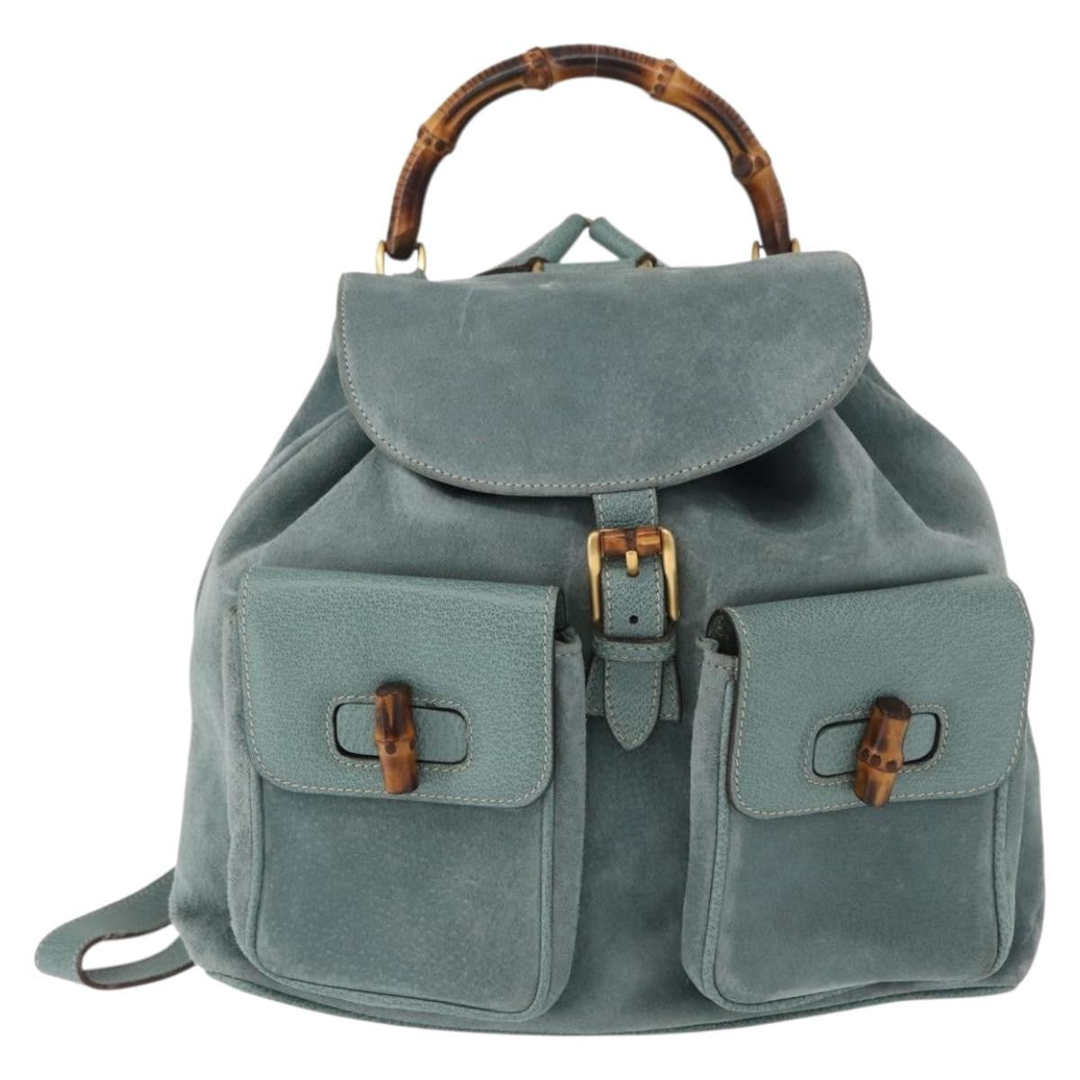 Gucci Vintage Bamboo Backpack Suede, TURQUOISE, SUEDE, Backpack