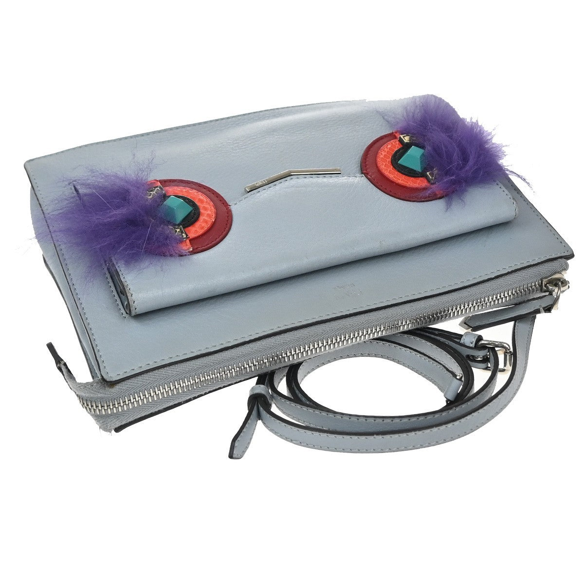 Fendi Monster Front Pocket Clutch Leather with Fur, GRAY, LEATHER, Clutche & pouche