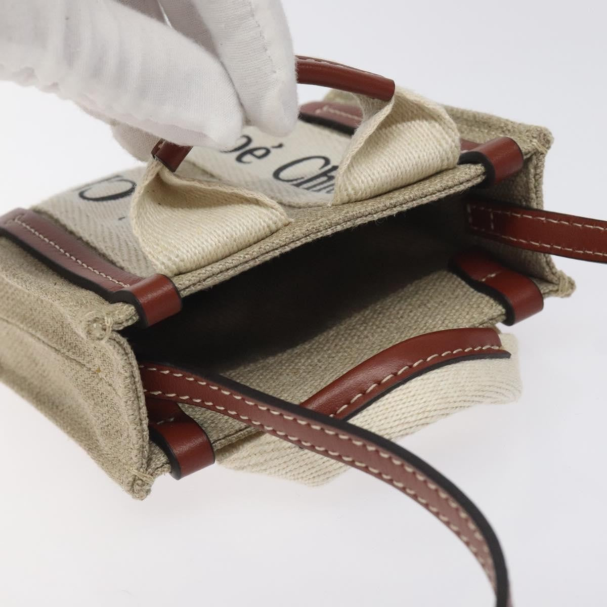 Chloe Woody Tote Canvas with Leather, BEIGE, CANVAS, Tote bag