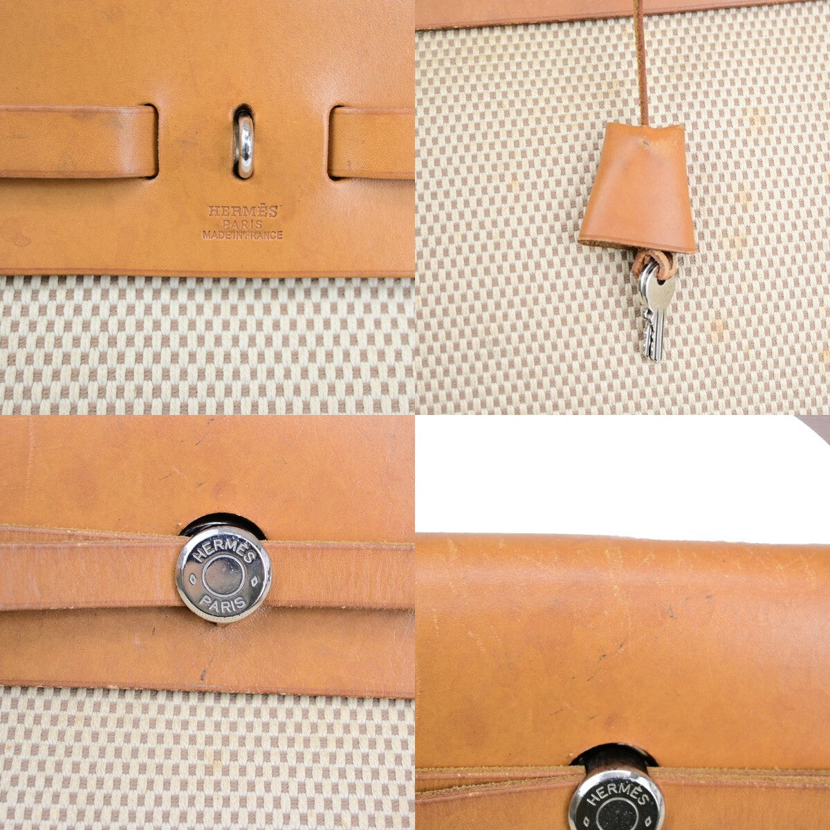 Hermes Herbag Zip Leather and Toile, BROWN, CANVAS, Travel bag