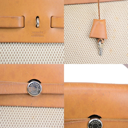 Hermes Herbag Zip Leather and Toile, BROWN, CANVAS, Travel bag