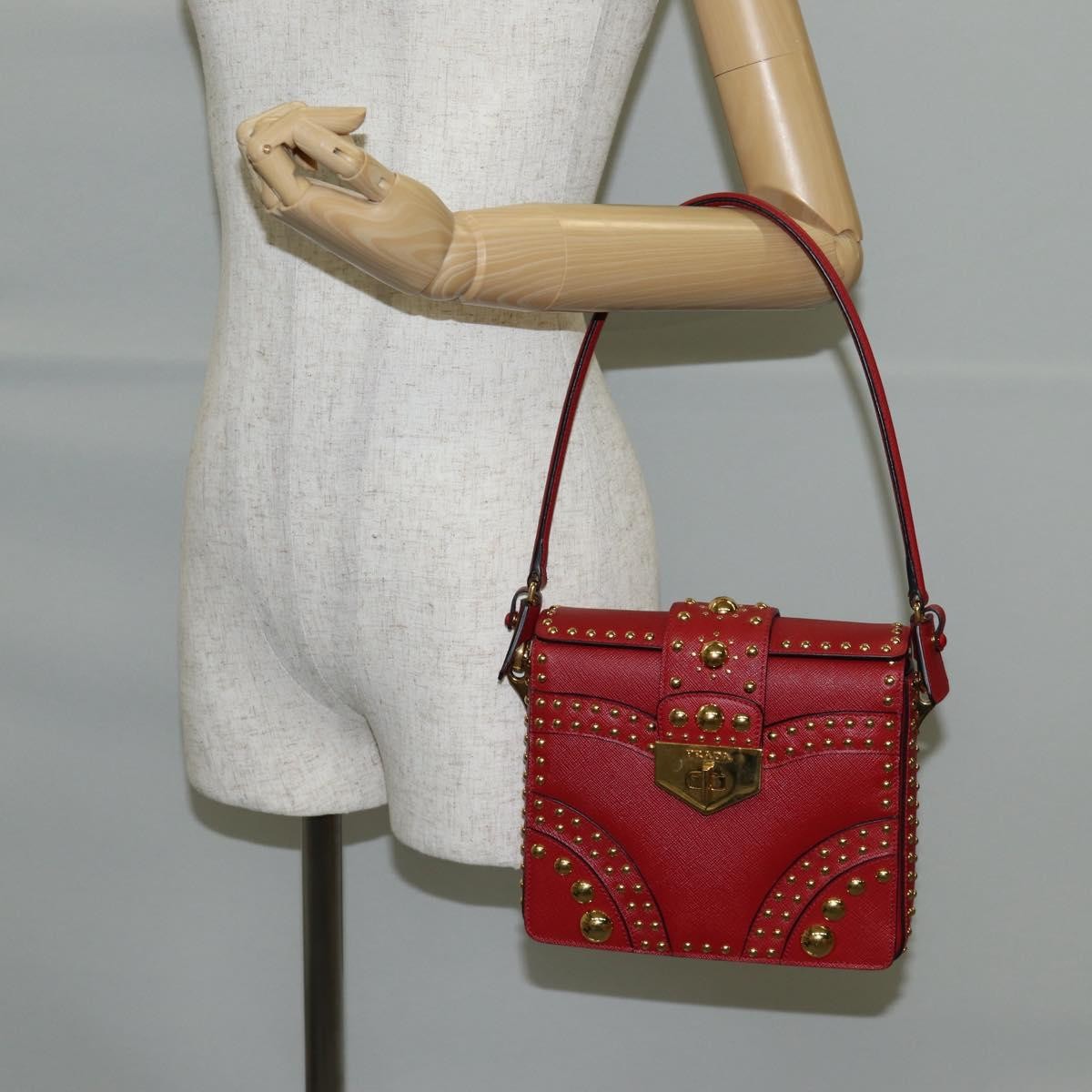 Prada Turn Lock Shoulder Bag Studded Saffiano Leather, RED, LEATHER, Shoulder bag