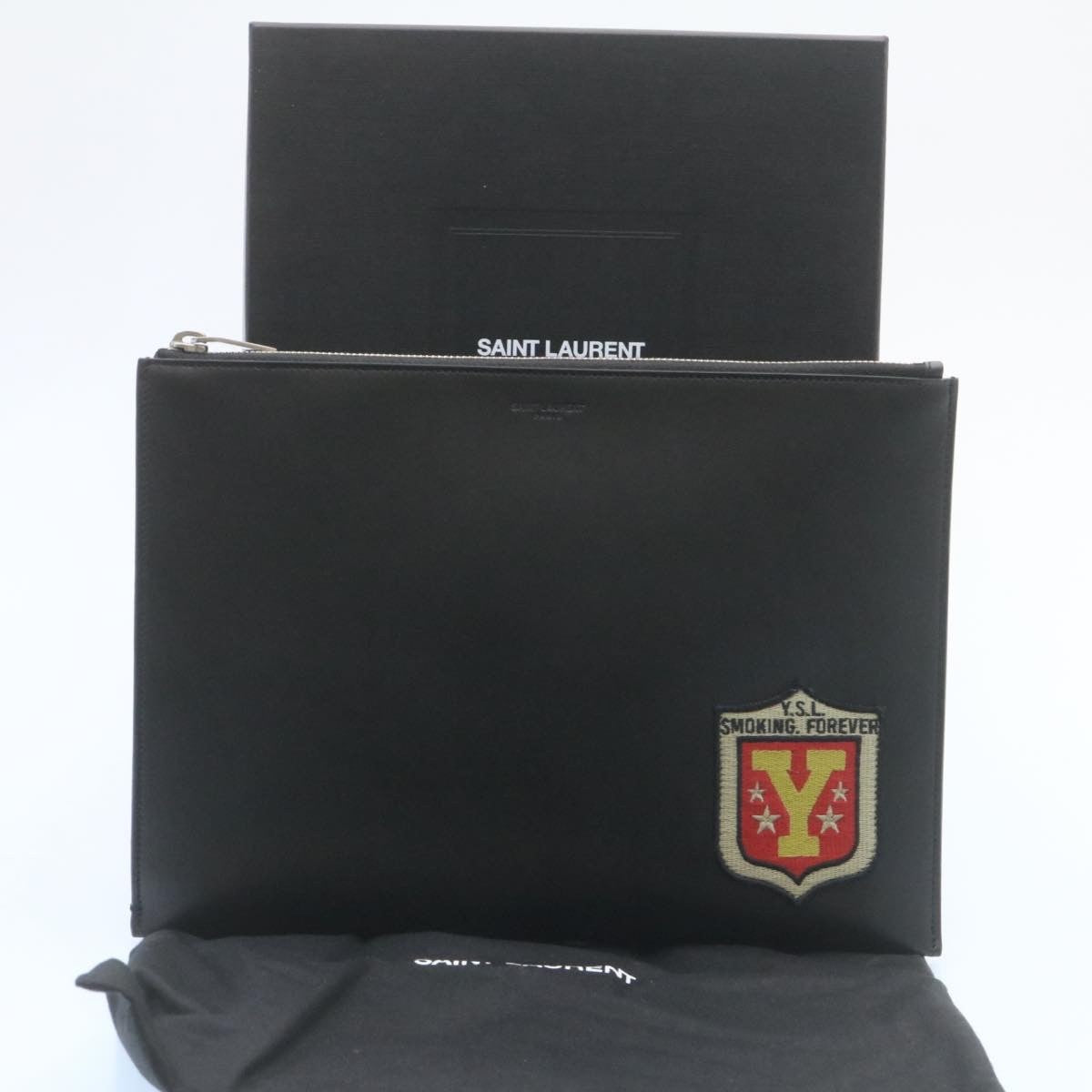 Saint Laurent Zip Pouch Leather, BLACK, LEATHER, Clutche & pouche