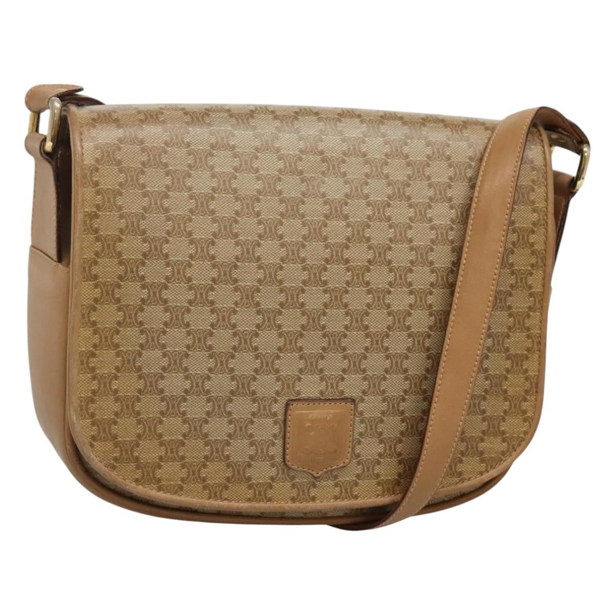 Celine Vintage Macadam Shoulder Bag Canvas and Leather, BEIGE, CANVAS, Shoulder bag