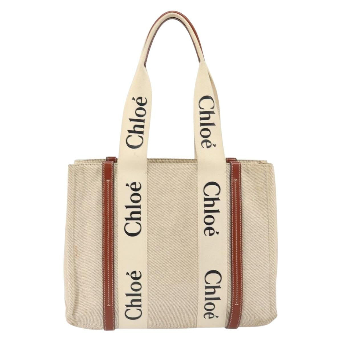Chloe Woody Tote Canvas with Leather, BEIGE, CANVAS, Tote bag