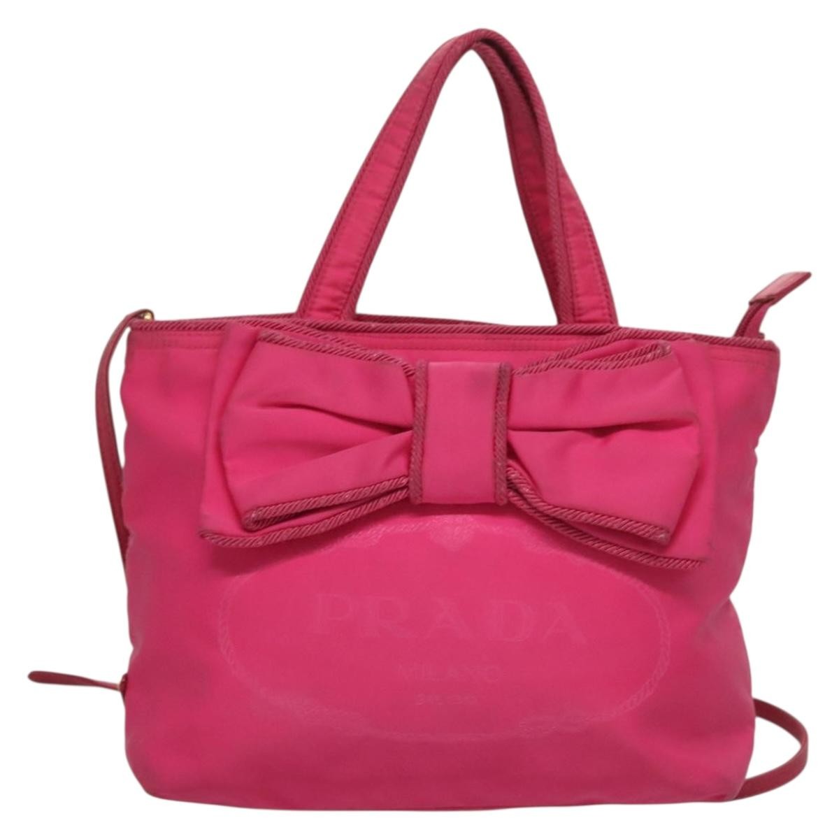 Prada Logo Bow Convertible Tote Tessuto with Leather, PINK, NYLON, Tote bag