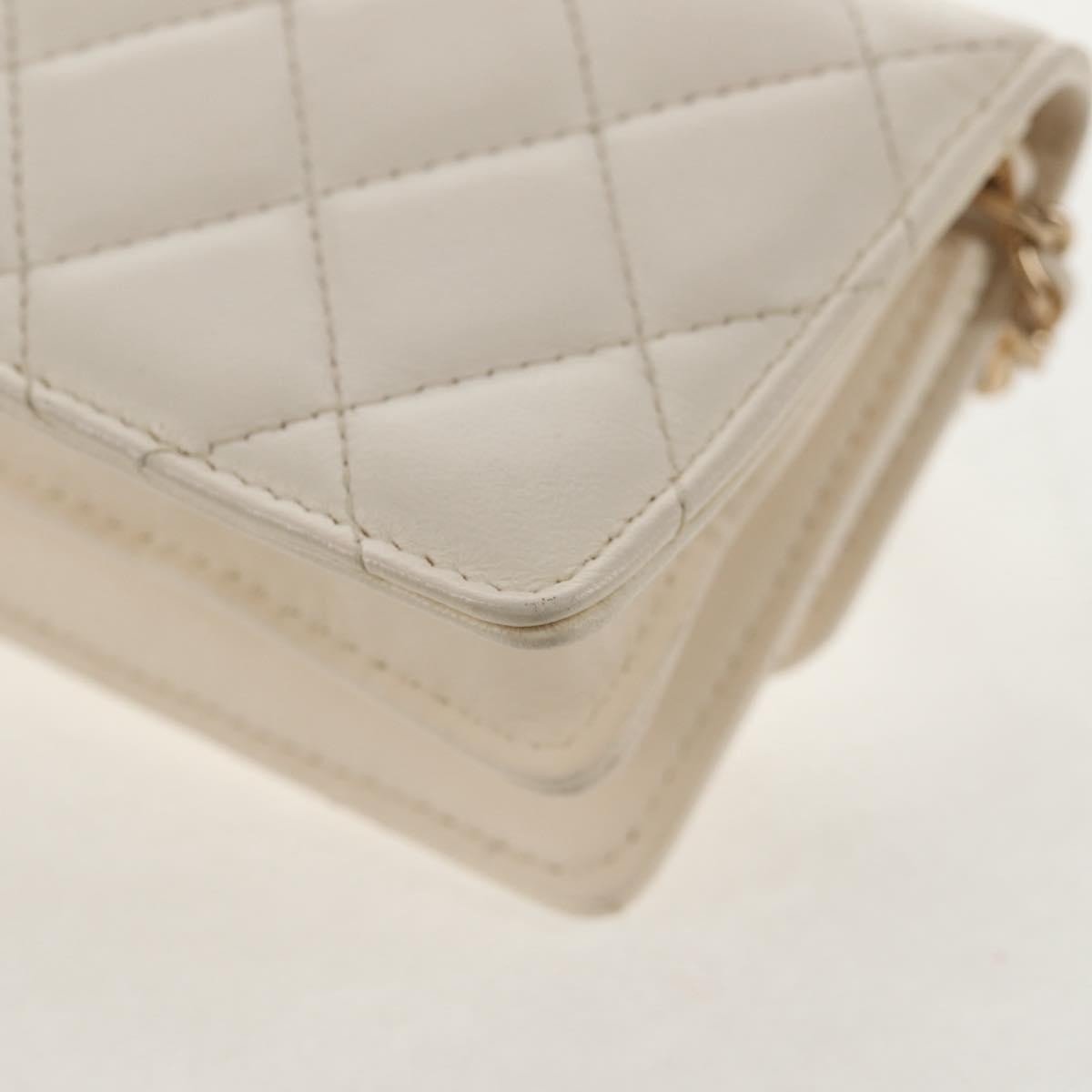 Chanel Camellia Bow Flap Card Holder with Chain Quilted Lambskin, WHITE, LEATHER, Shoulder bag