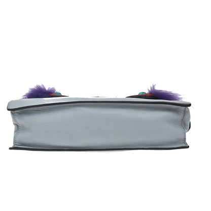Fendi Monster Front Pocket Clutch Leather with Fur, GRAY, LEATHER, Clutche & pouche