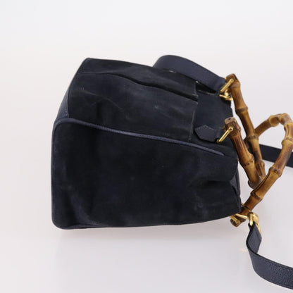 Gucci Vintage Bamboo Front Pocket Tote Suede, NAVY, SUEDE, Handbag