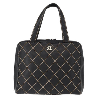 Chanel Surpique Zip Around Satchel Quilted Leather, BLACK, LEATHER, Handbag