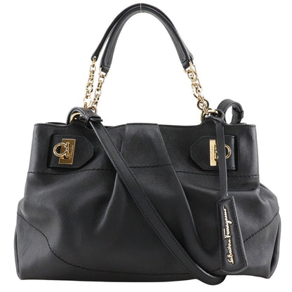 Salvatore Ferragamo W Chain Tote Leather, BLACK, LEATHER, Tote bag