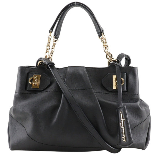 Salvatore Ferragamo W Chain Tote Leather, BLACK, LEATHER, Tote bag