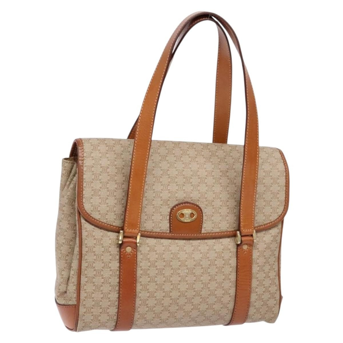 Celine Vintage Macadam Shoulder Bag Canvas and Leather, BEIGE, CANVAS, Shoulder bag