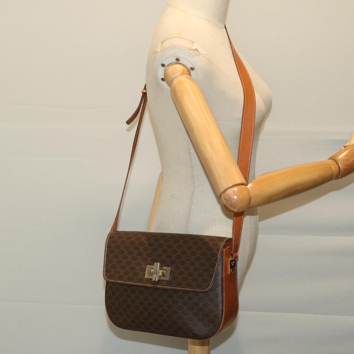 Celine Vintage Convertible Macadam Turnlock Shoulder Bag Canvas and Leather, BROWN, CANVAS, Shoulder bag