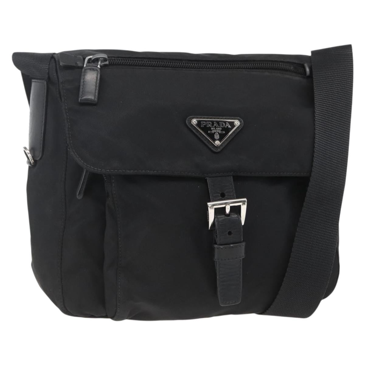 Prada Buckle Messenger Bag Tessuto, BLACK, NYLON, Shoulder bag