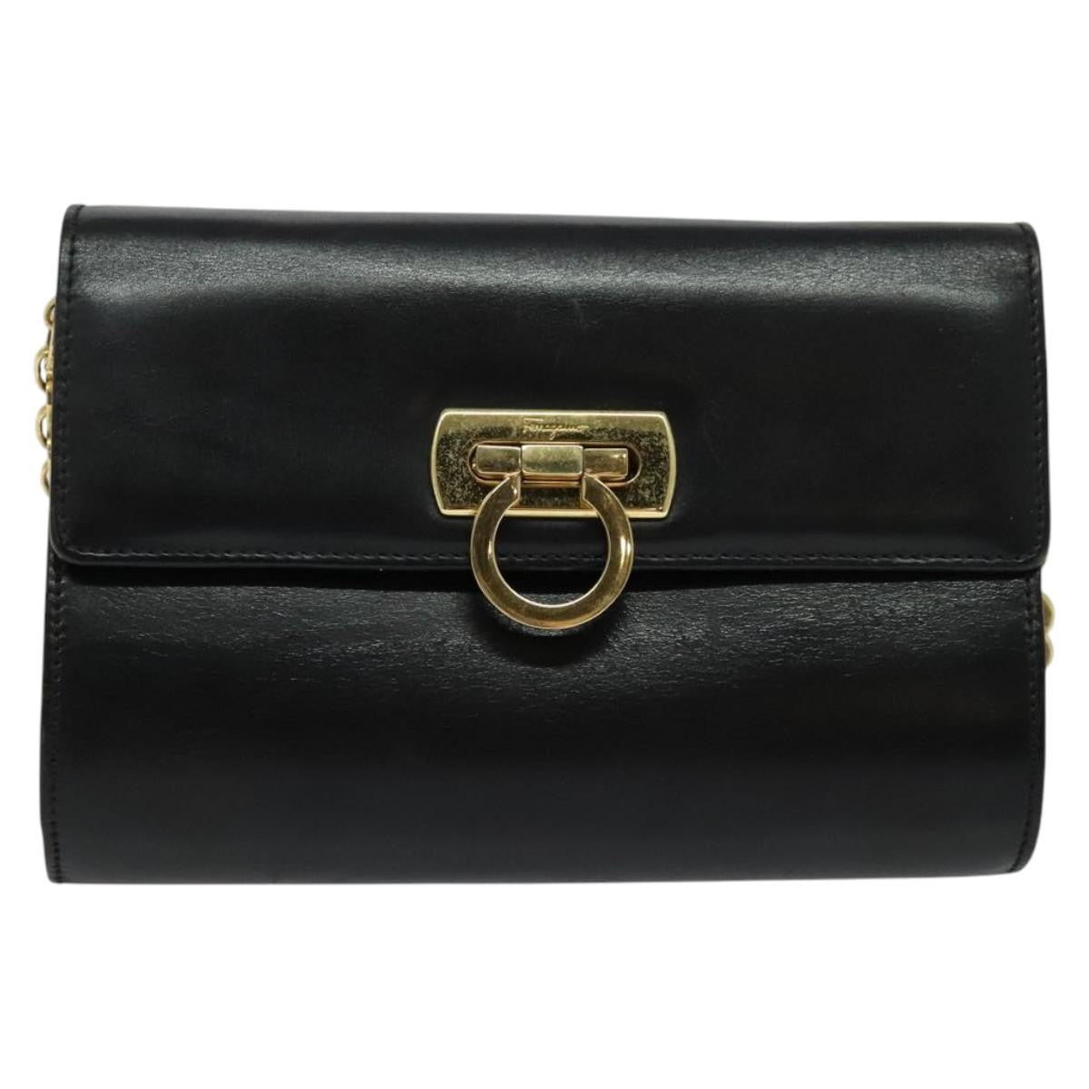 Salvatore Ferragamo Gancini Box Crossbody Bag Leather, BLACK, LEATHER, Shoulder bag