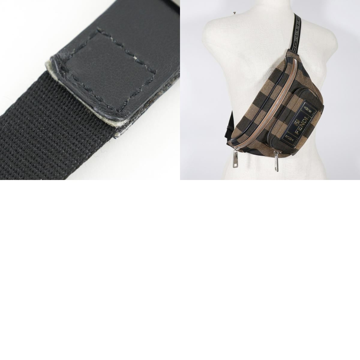 Fendi Front Pocket Waist Bag Pequin Canvas, BROWN, NYLON, Travel bag