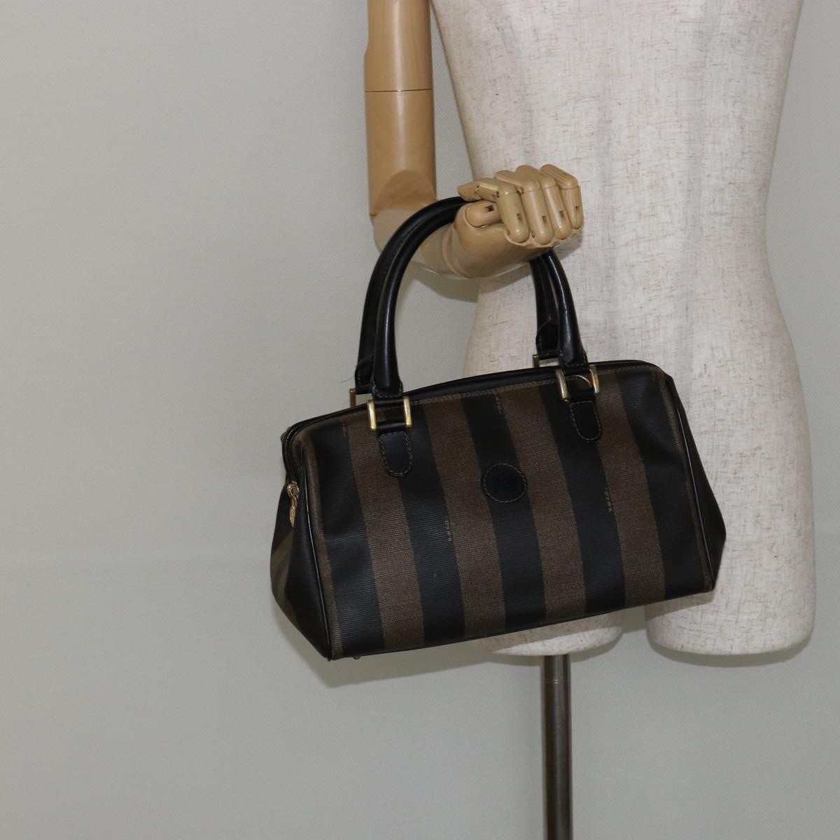 Fendi Vintage Pequin Boston Bag Coated Canvas, BLACK, CANVAS, Handbag